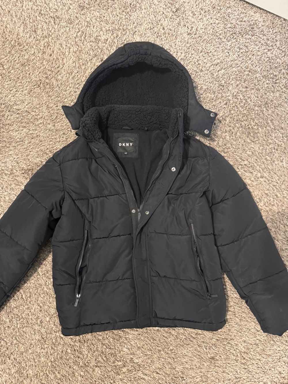 DKNY YoungMen  Black Quilted Puffer Jacket with Removable Hood